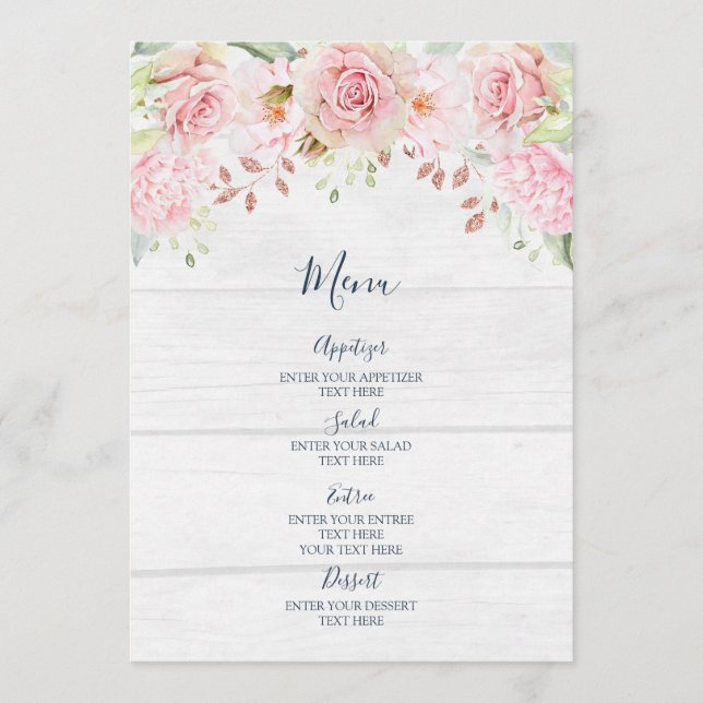 Menú de Boda Floral Rosa Rústico de Primavera (Anverso)