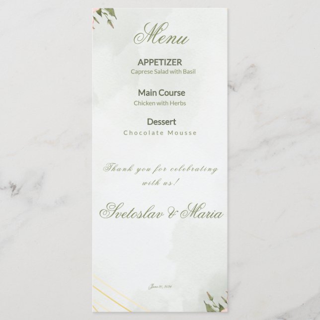 Menú de Boda Floral Rosa y Geométrico Dorado Elega (Anverso)