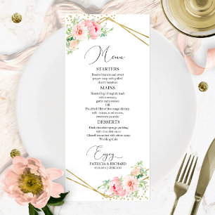 Menú de Boda Floral Rosado Geométrico Elegante