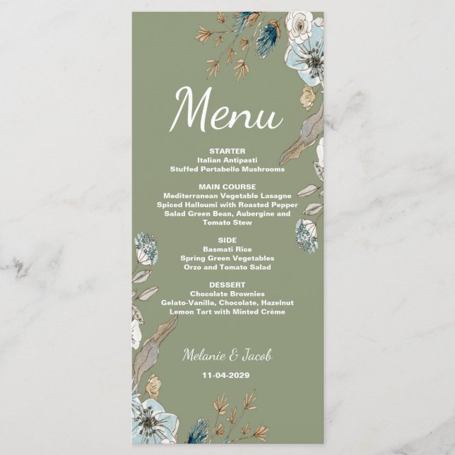 Menú de boda floral Rustic Sage 4x9 plano (Anverso)