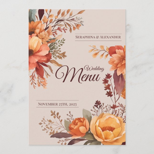 Menú de Boda Floral Rústico de Acuarela de Otoño (Anverso)