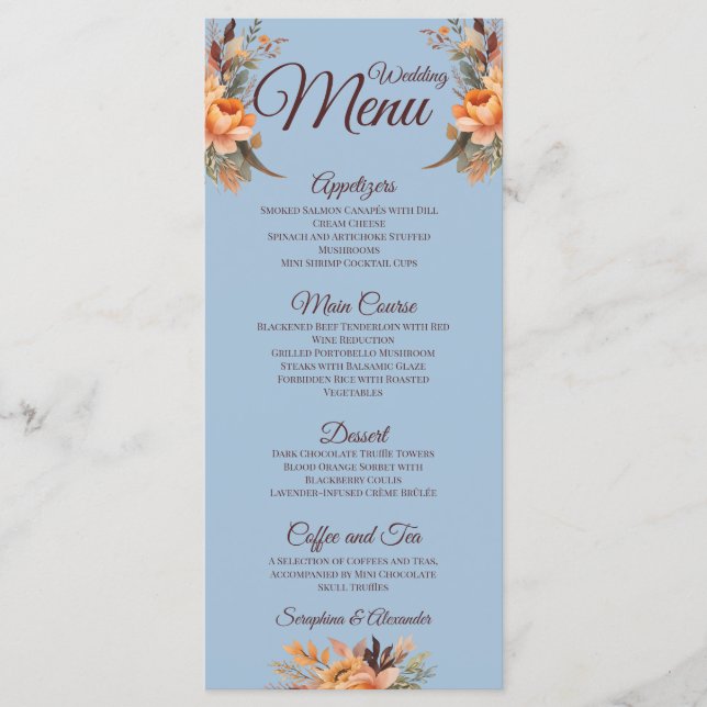 Menú de Boda Floral Rústico de Acuarela de Otoño (Anverso)