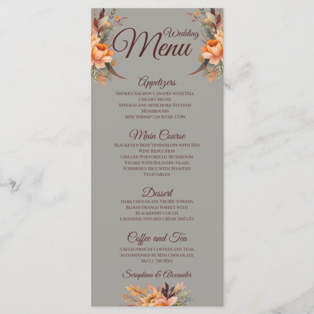 Menú de Boda Floral Rústico de Acuarela de Otoño (Anverso)
