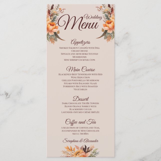 Menú de Boda Floral Rústico de Acuarela de Otoño (Anverso)