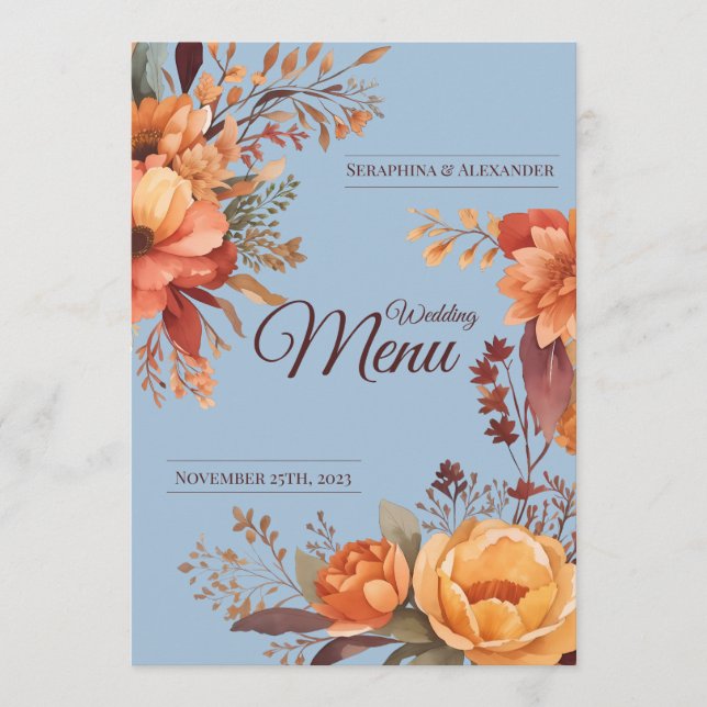 Menú de Boda Floral Rústico de Acuarela de Otoño (Anverso)