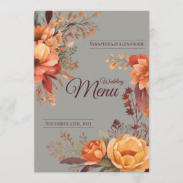 Menú de Boda Floral Rústico de Acuarela de Otoño