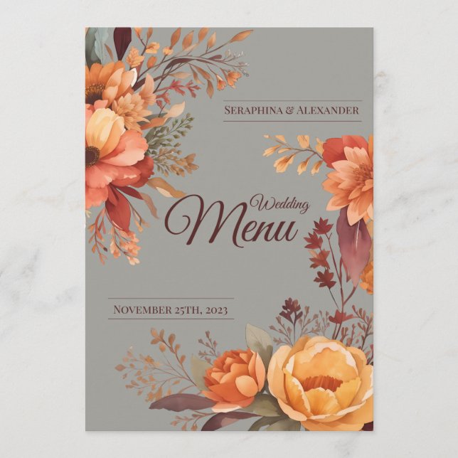 Menú de Boda Floral Rústico de Acuarela de Otoño (Anverso)