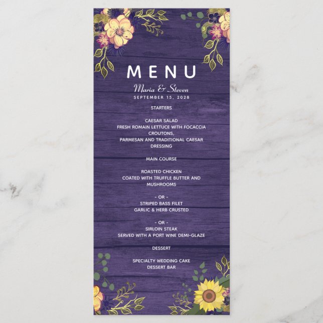Menú de Boda Floral Rústico Púrpura (Anverso)