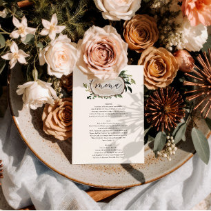 Menú de boda floral rústico y cuernos de ciervo
