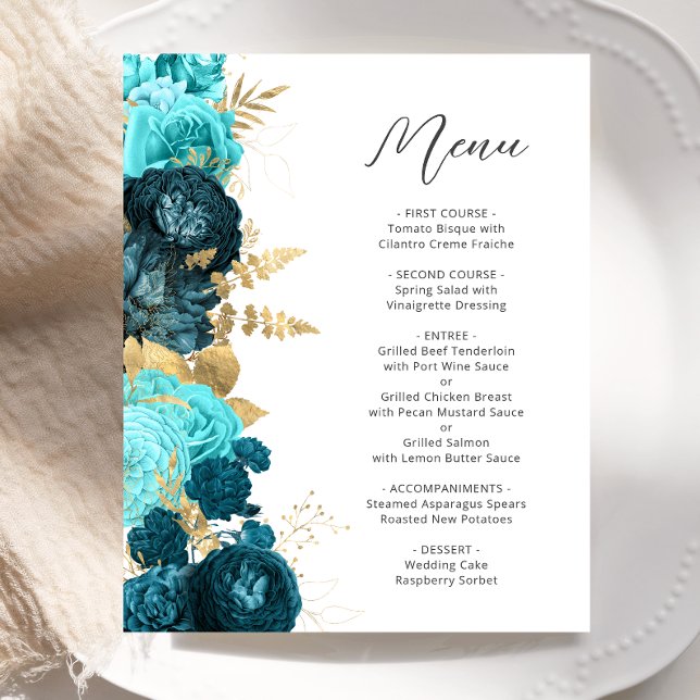 Menú de Boda Floral Script Teal Aqua Gold Presupue (Subido por el creador)