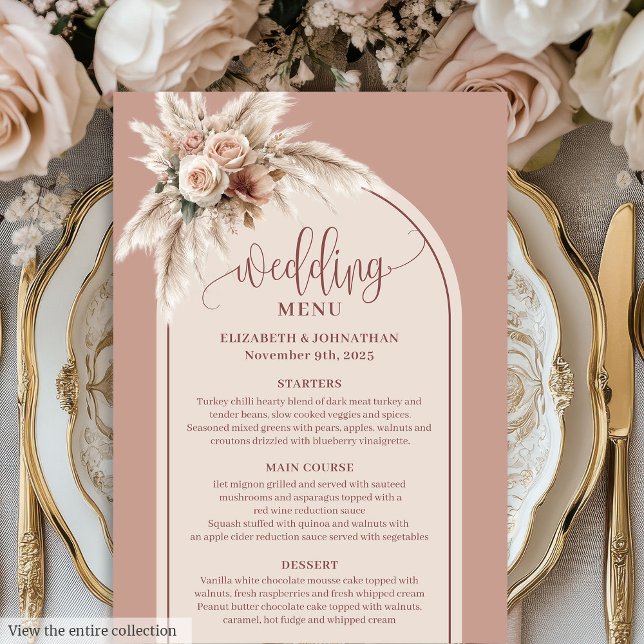 Menú de Boda Floral Simple Boho Dusty Rose Pampas (Simple Boho Dusty Rose Pampas Floral Wedding Menu)