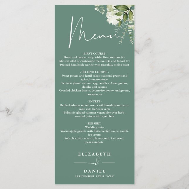 Menú de boda floral verde de eucalipto (Anverso)