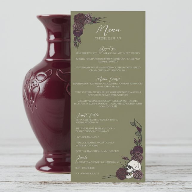 Menú de Boda Floral Verde Oliva Gótico Oscuro (Elegant Gothic Olive Gree Dark Floral Skull and Roses Wedding Menu for Hallowedding or Gothic Dinner)