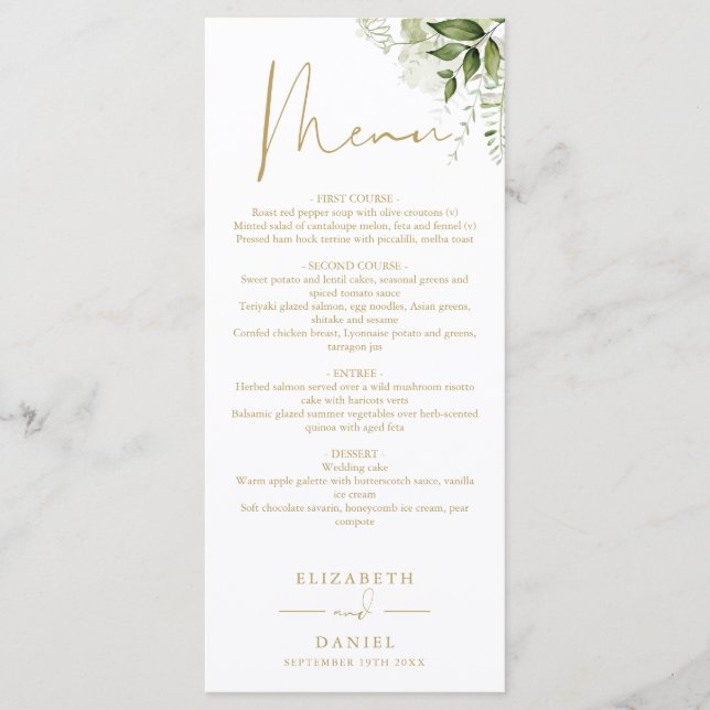 Menú de boda floral verde oro Monograma Cena de bo (Anverso)