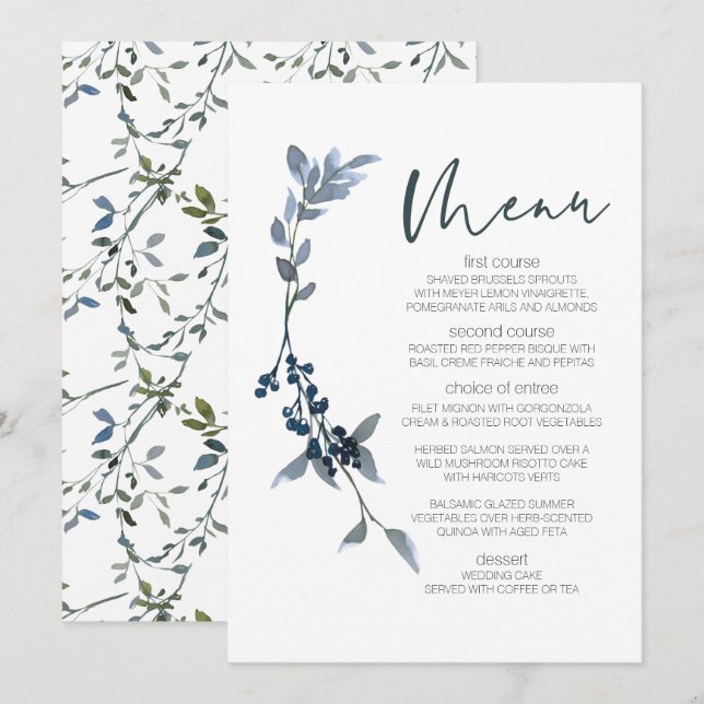 Menú de Boda Floral Verde Plateado Sage (Anverso / Reverso)
