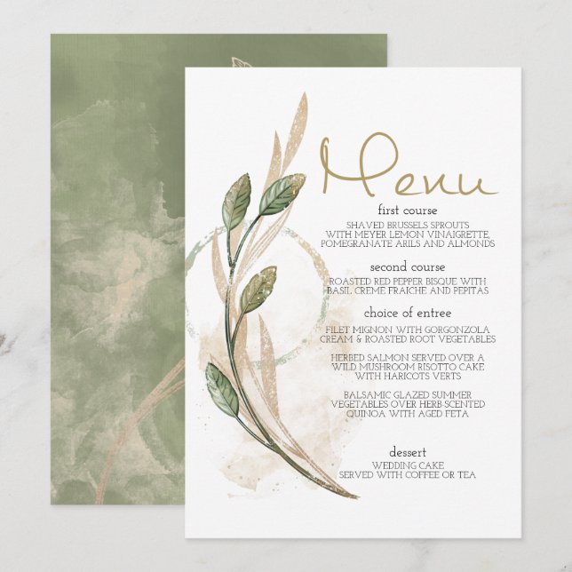 Menú de Boda Floral Verde Sabio Dorado (Anverso / Reverso)