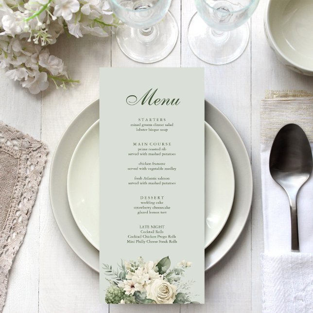 Menú de Boda Floral Verde Salvia Suave (Soft Sage Green Floral Wedding Menu on an elegant wedding table)