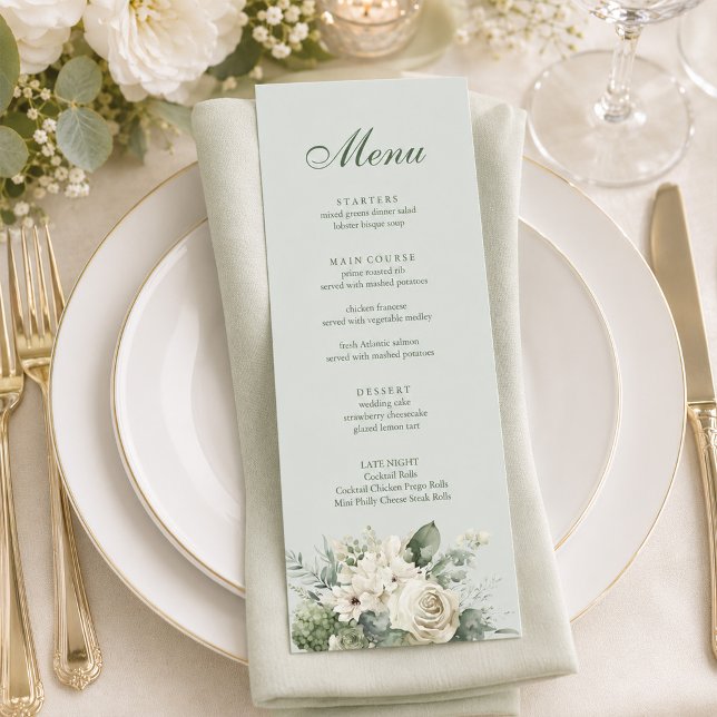 Menú de Boda Floral Verde Suave Salvia (Soft Sage Green Floral Wedding Menu)