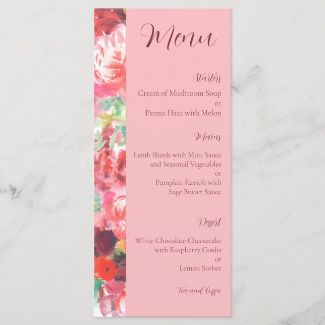 Menú de Boda Floral Vibrante Rosa Opaco (Anverso)