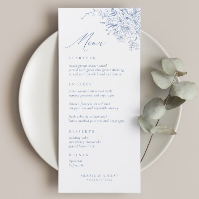 Menú de Boda Floral Vintage Azul Francés (Subido por el creador)