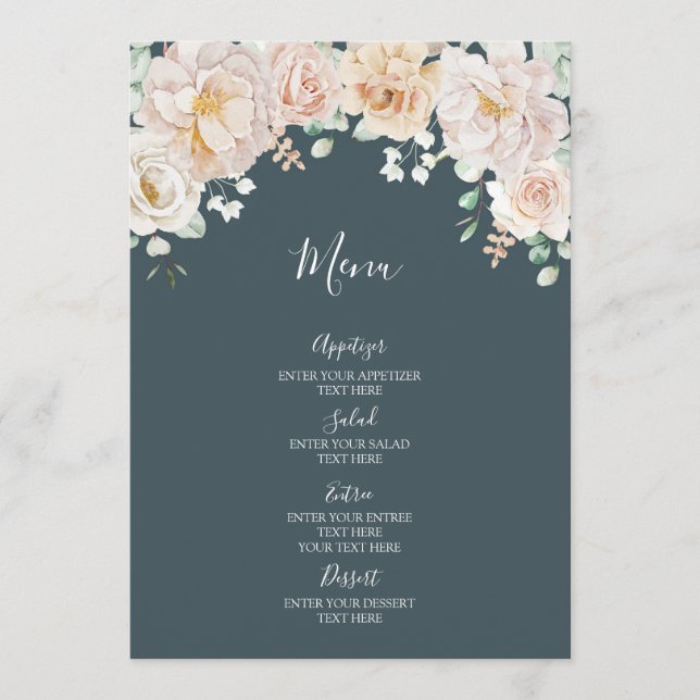 Menú de Boda Floral Vintage Azul Marino (Anverso)