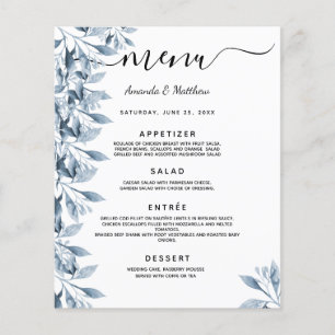 Menú de boda flores botánicas azul blanco