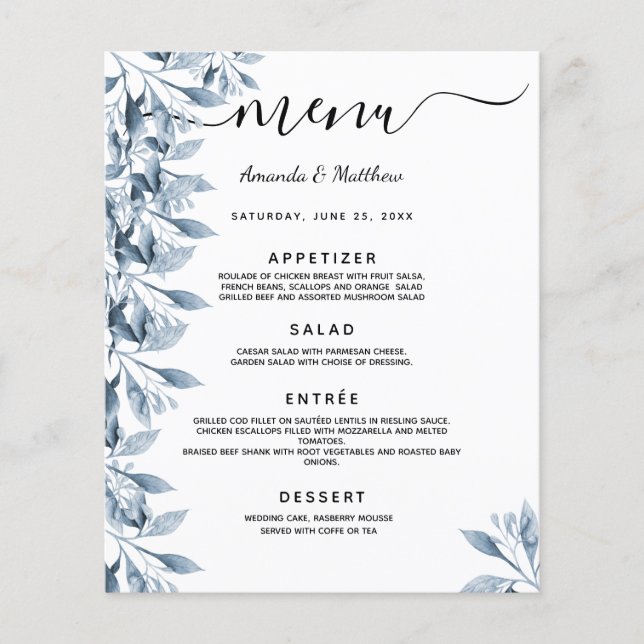 Menú de boda flores botánicas azul blanco (Anverso)