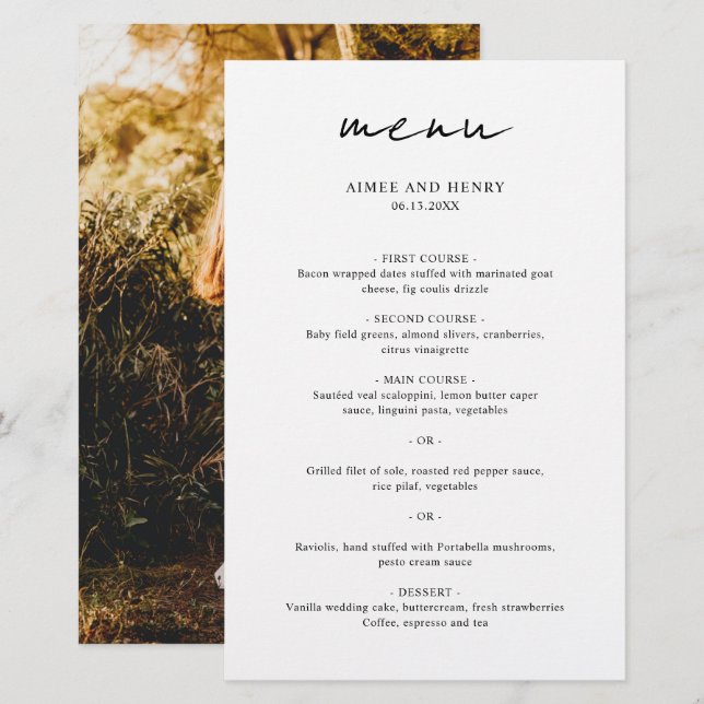 Menú de Boda Foto Moderno Letra Rústica (Anverso / Reverso)