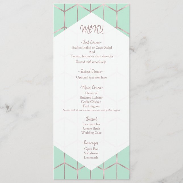 Menú de Boda Geométrico Chic Verde Menta Rosa Dora (Anverso)
