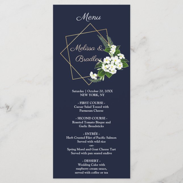 Menú de Boda Geométrico de Azul Marino Elegante y  (Anverso)