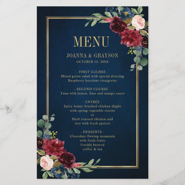 Menú de Boda geométrico floral Rubor de la Marina  (Anverso)