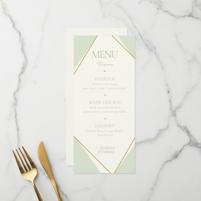 Menú de Boda Geométrico Verde Salvia Elegante (Anverso/Reverso In Situ)