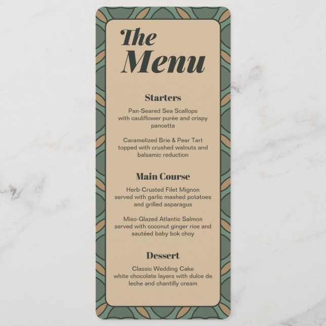 Menú de Boda Geométrico Verde Salvia y Dorado Vint (Anverso)