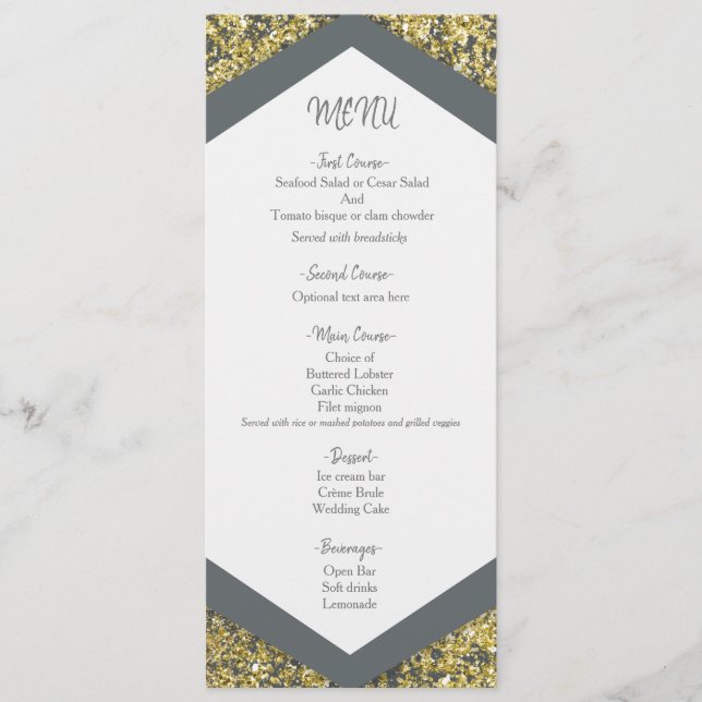 Menú de Boda Glam con Brillo Gris y Dorado Chic (Anverso)