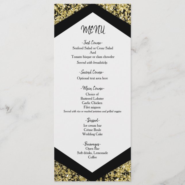 Menú de Boda Glam con Brillo Negro y Dorado Chic (Anverso)