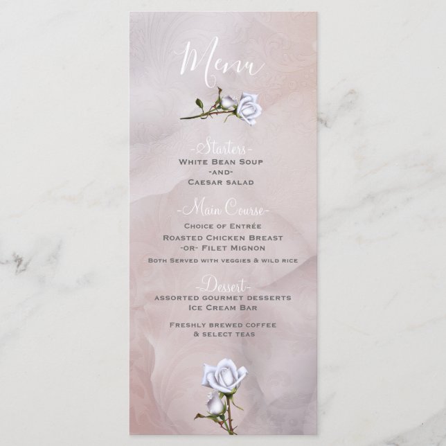 Menú de Boda Glam Elegante Rosas Blancas Romántica (Anverso)