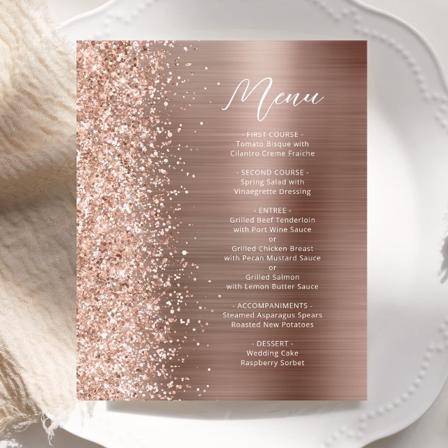 Menú de Boda Glam Glitter Script Rosa Oro Presupue (Subido por el creador)