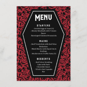 Menú de boda gótico ataúdes y floral