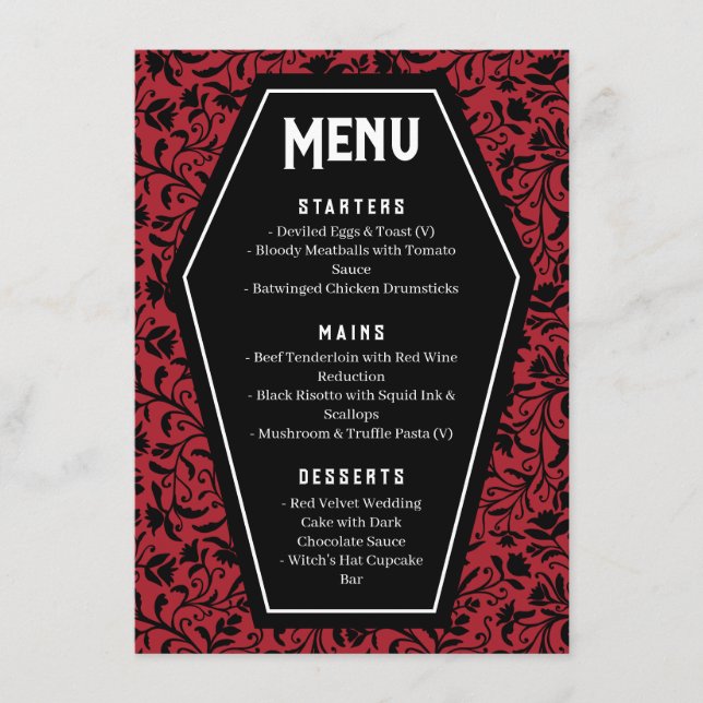 Menú de boda gótico ataúdes y floral (Anverso)