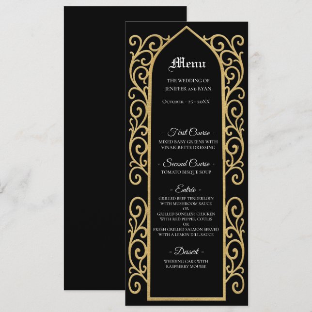 Menú de boda gótico con borde negro y dorado ornam (Anverso / Reverso)