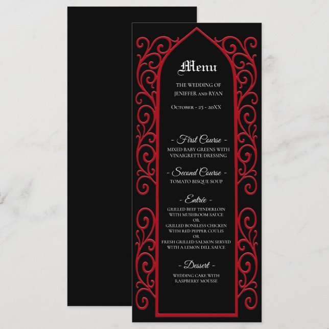 Menú de boda gótico con borde ornamentado negro y  (Anverso / Reverso)