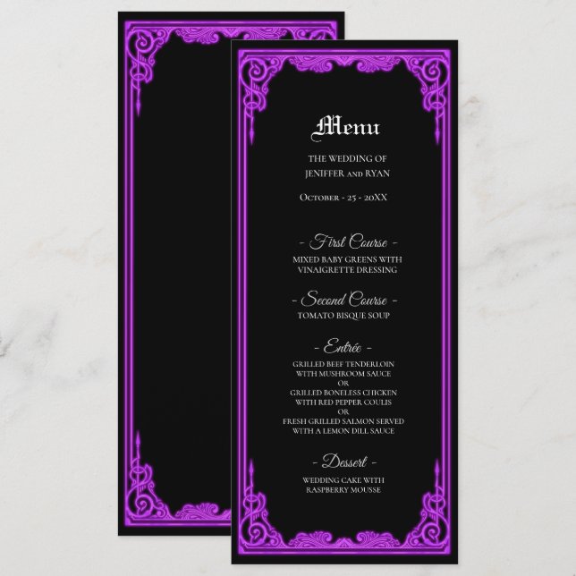 Menú de boda gótico con brillo morado brujo (Anverso / Reverso)