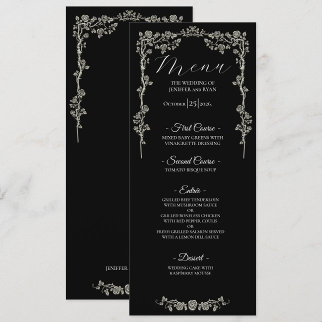 Menú de boda gótico floral elegante (Anverso / Reverso)