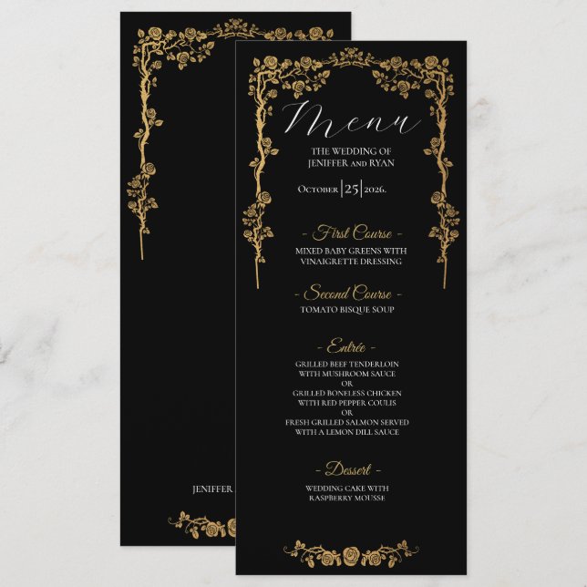 Menú de boda gótico floral elegante (Anverso / Reverso)