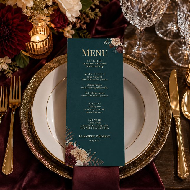 Menú de Boda Gótico Floral Verde Azul Oscuro (Dark Teal Floral Gothic Wedding Menu)