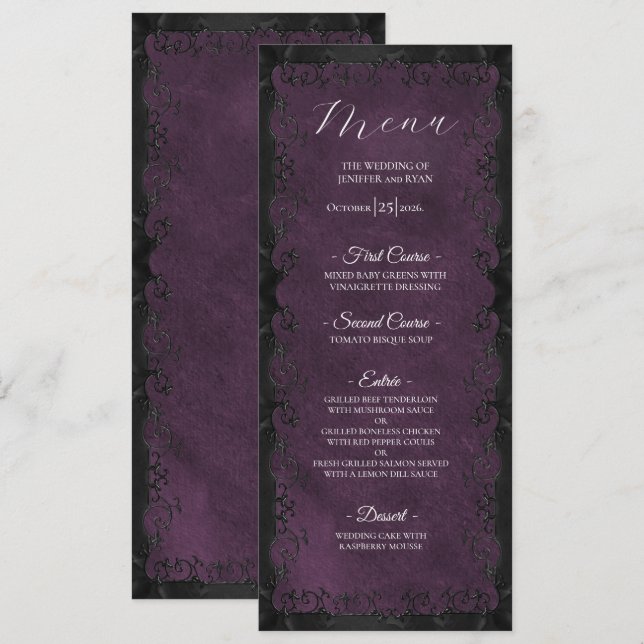Menú de boda gótico púrpura elegante (Anverso / Reverso)