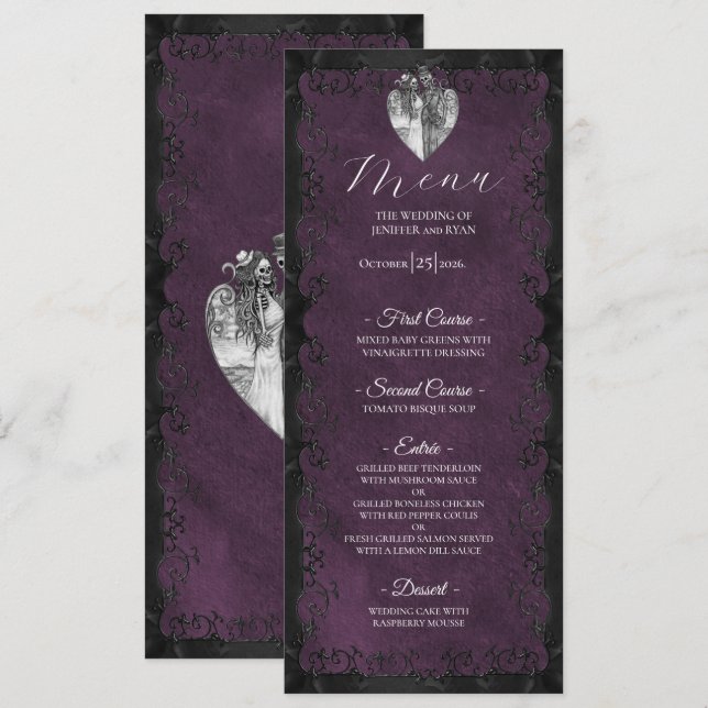 Menú de boda gótico púrpura elegante (Anverso / Reverso)