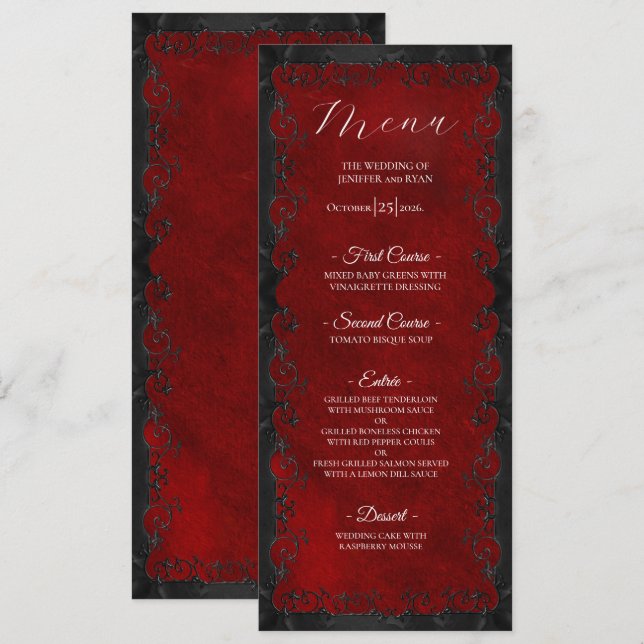 Menú de boda gótico rojo elegante (Anverso / Reverso)