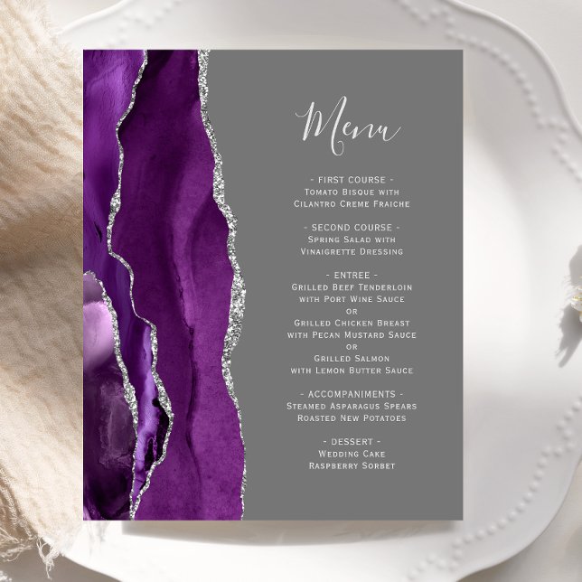 Menú de boda gris plata morado agata económico (Subido por el creador)