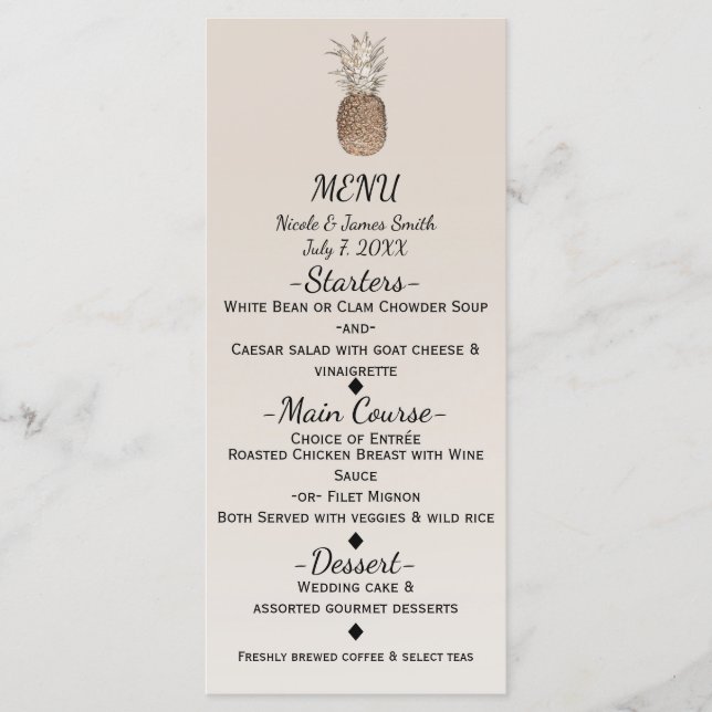 Menú de Boda Hawaiano Tropical de Piña Rústica (Anverso)